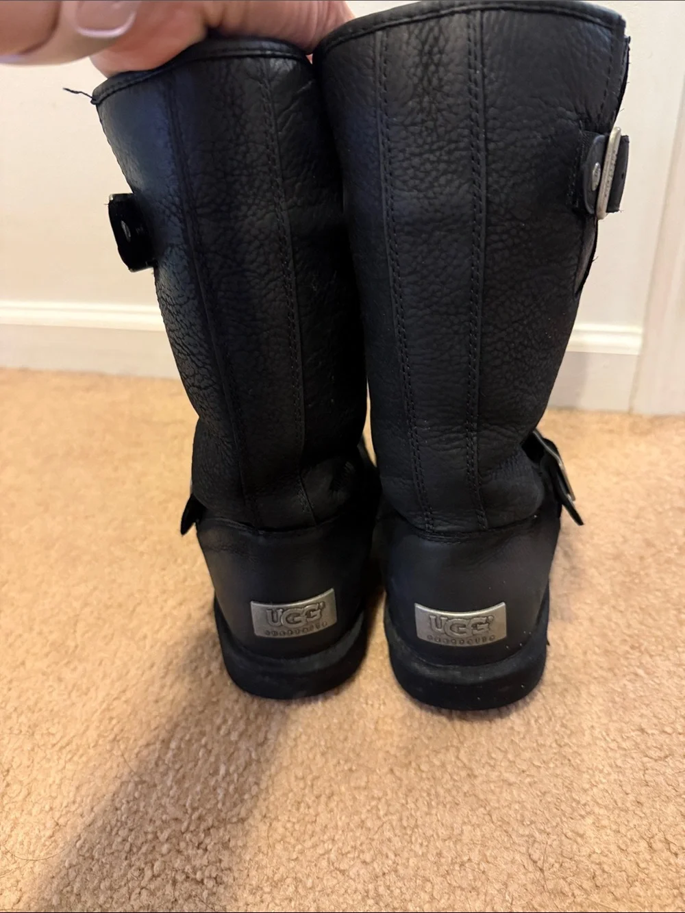 UGG Black Leather Mid-Calf Boots with Silver Buckles